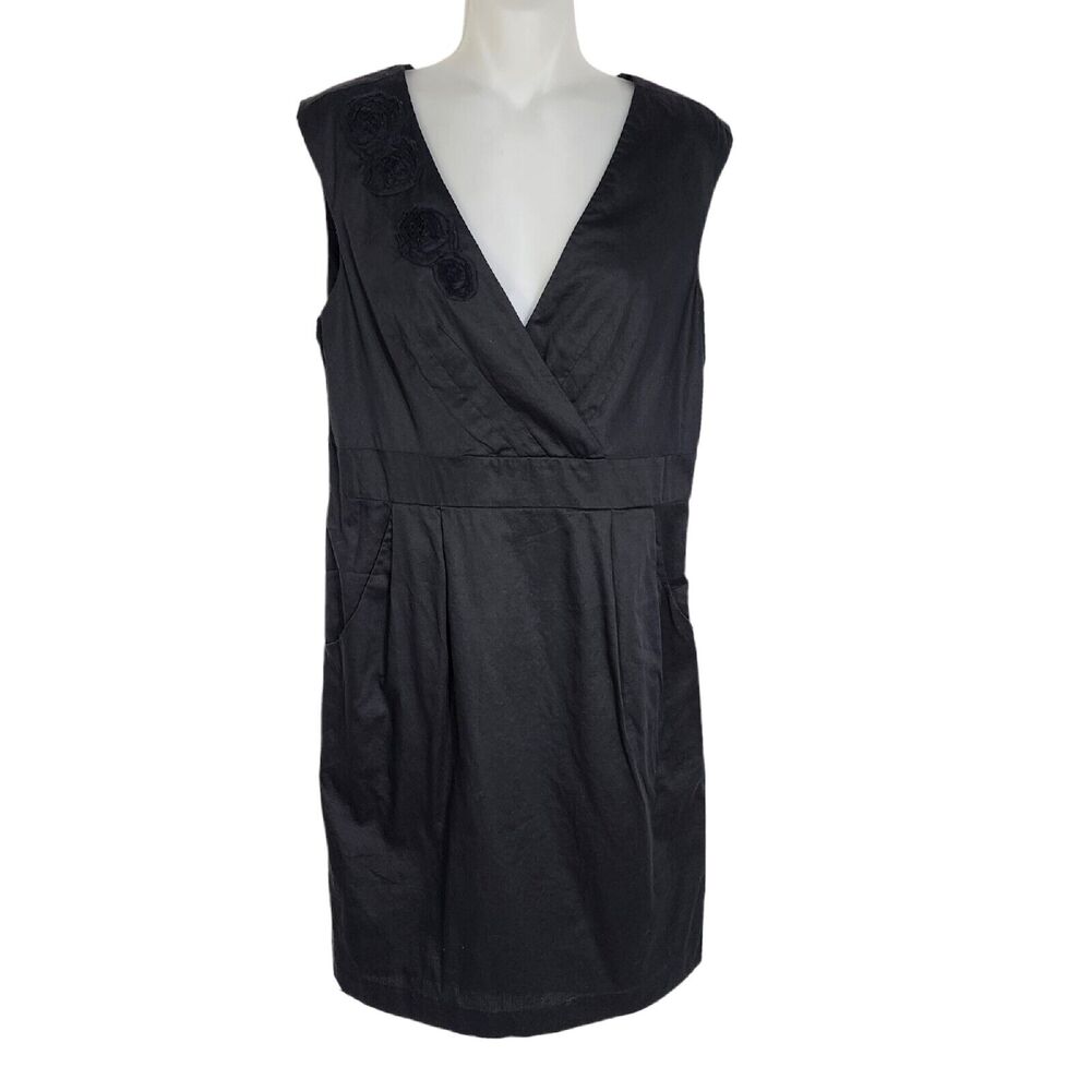 Ann Taylor LOFT Womens Dress Sz 8 Black Faux Wrap Knee Length A Line Rose Pocket